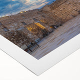 Art deco poster of Jerusalem skyline in muted earth tones on rolled canvas, suitable for dining room decor.