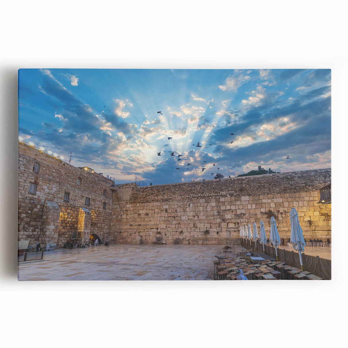 Black and white stretched canvas of Jerusalem skyline, ideal for kitchen wall art.