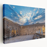 Jerusalem skyline print on stretched canvas with earth-tone colors, ideal for kitchen wall art.