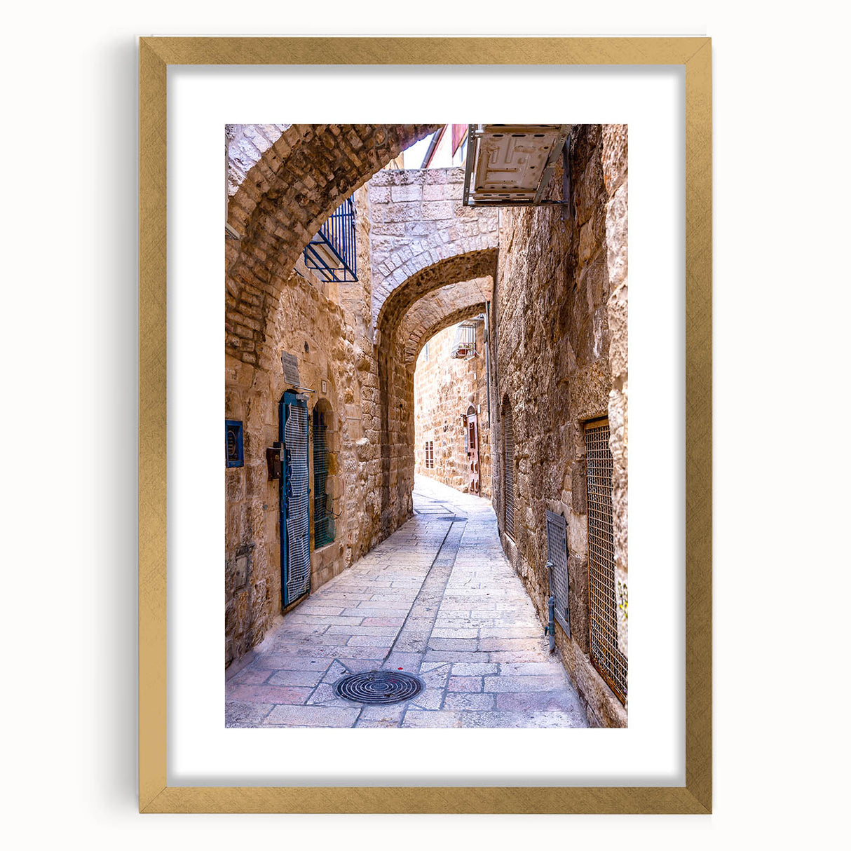 Extra large abstract art print of Tel Aviv skyline in gold frame, ideal for living room decor.