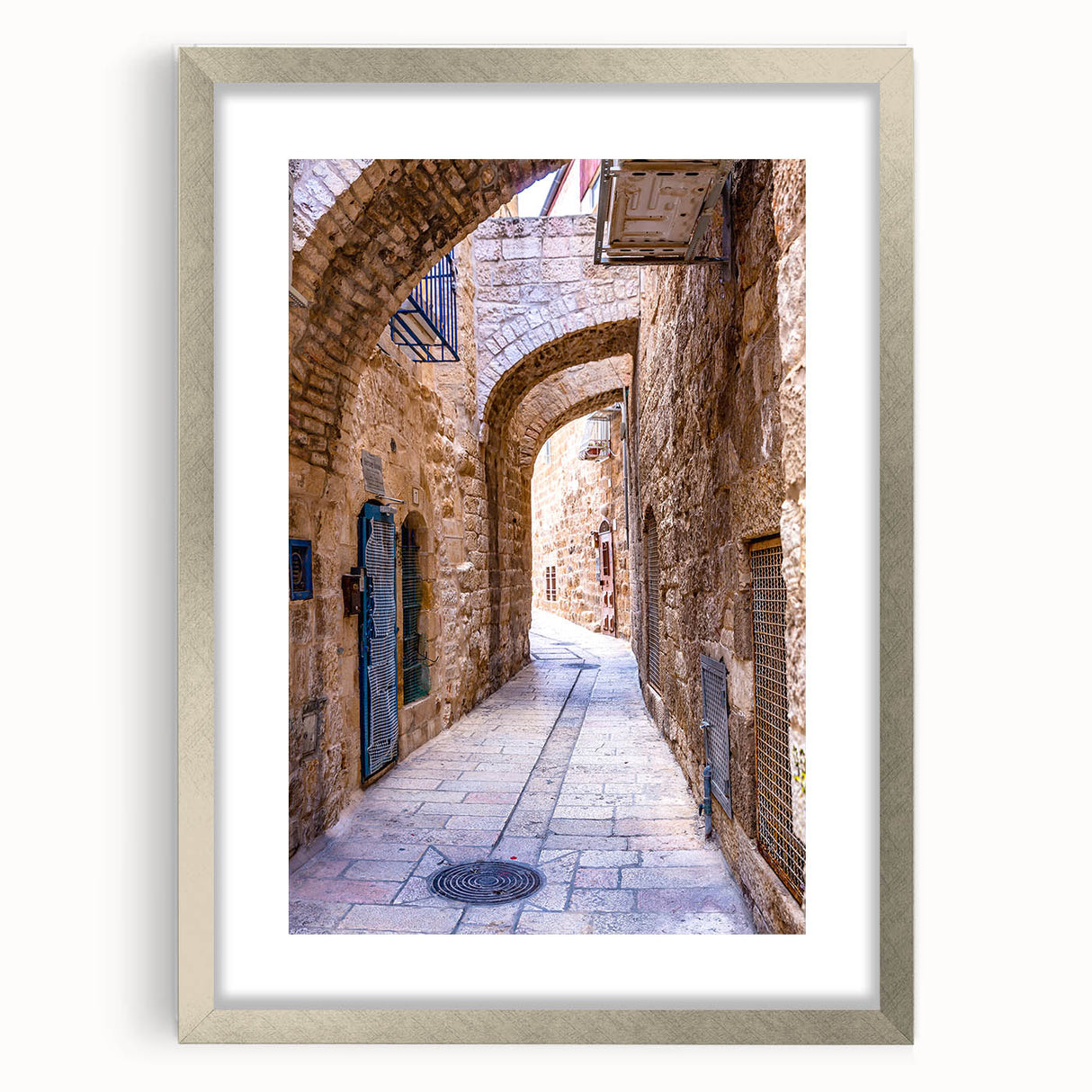 Textured abstract art print of Tel Aviv skyline in muted earth tones on a framed canvas, ideal for bedroom art.
