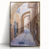 Large acrylic print of Tel Aviv skyline with gold frame, in mid-century modernist style, suitable for modern art wall decor.