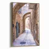 Framed canvas wall art of Tel Aviv landscape in vintage poster style, featuring black and gold tones.