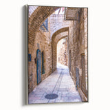 Framed canvas landscape art painting of Tel Aviv with vintage poster style in colorful and black tones.