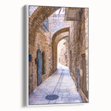 Vintage poster art of Tel Aviv with colorful skyline on extra large framed canvas, ideal for living room decor.