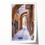 A panoramic view of Tel Aviv skyline in muted earth tones on a large rolled canvas, suitable for dining room wall art.