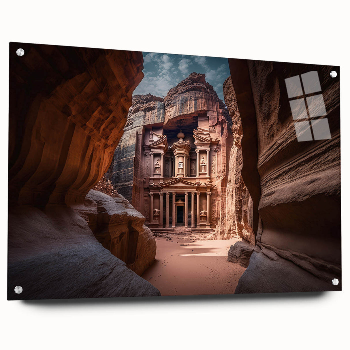 Acrylic print of a Jordanian landscape in muted earth tones, ideal for dining room decor.