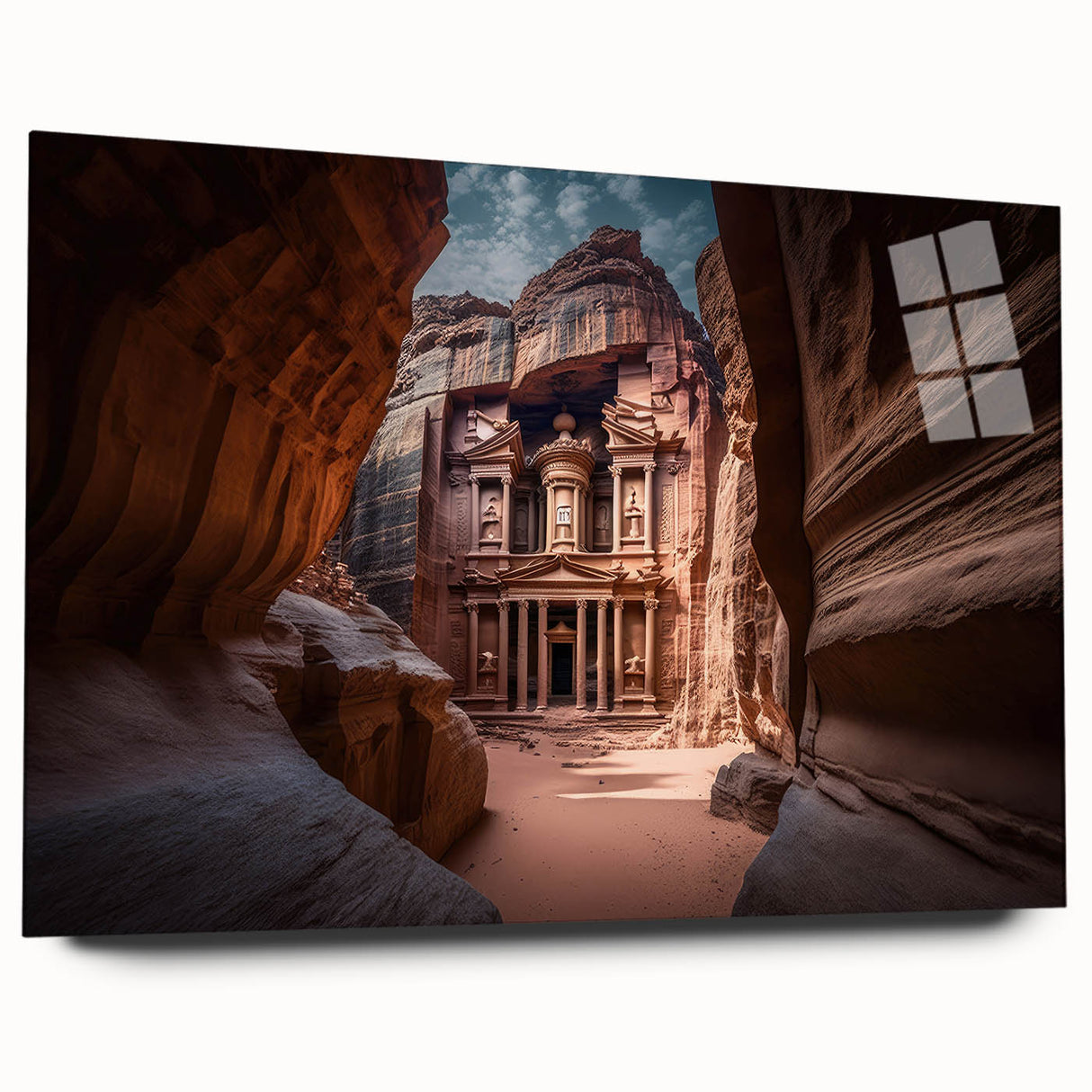 Large abstract wall art of Middle Eastern Jordan scenery in muted earth tones on acrylic glass.