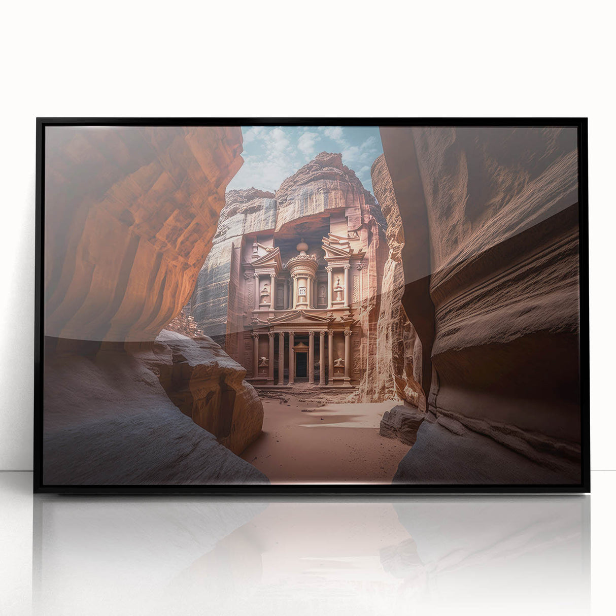 Large abstract wall art depicting a Middle Eastern Jordanian landscape in muted earth tones on a black framed acrylic.