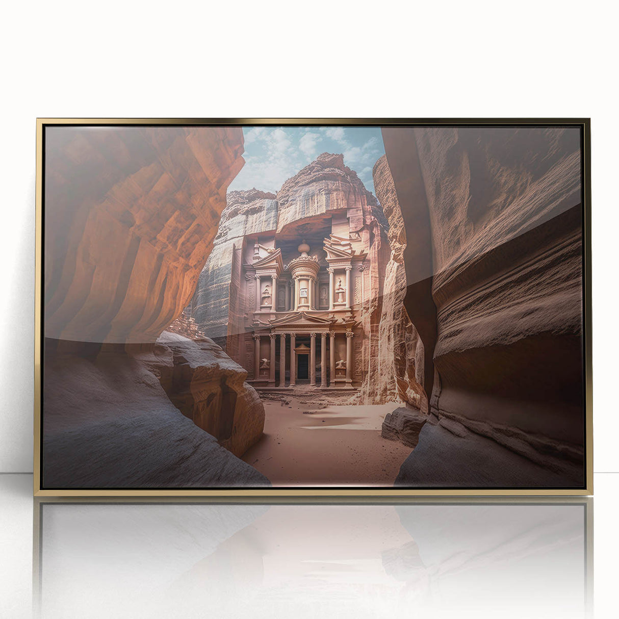 Acrylic print of a Middle Eastern Jordanian landscape in gold tones, framed, ideal for modern art wall decor.