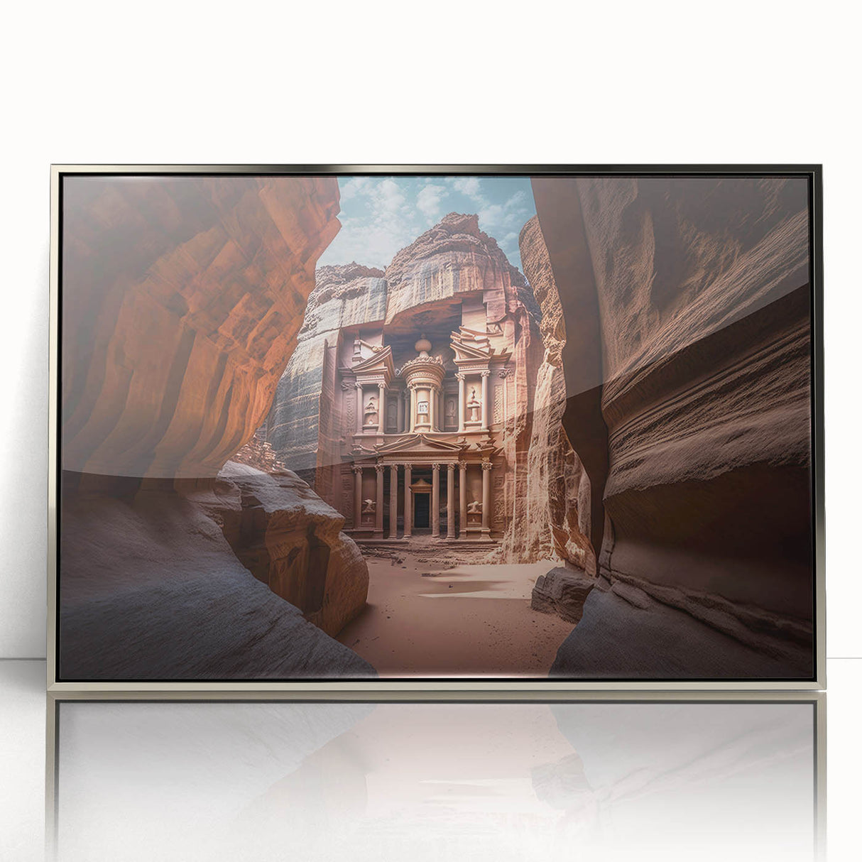 Mid-century modernist art depicting Jordanian scenery in muted earth tones on a framed acrylic panel.