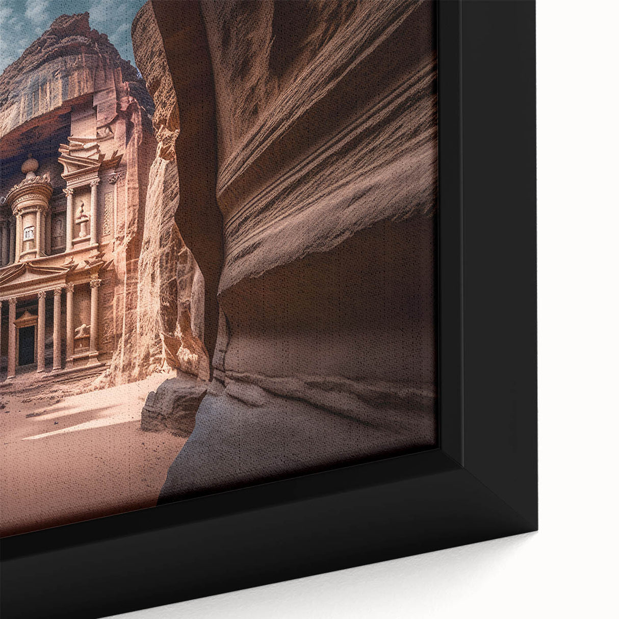 Extra large framed canvas of vintage poster art depicting a Jordanian scenery in vibrant colors, ideal for living room decor.