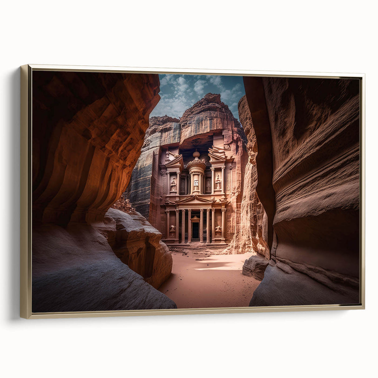 Framed canvas featuring a vintage-style landscape painting of Jordan, with muted gold and black tones.