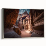 Framed canvas featuring a vintage-style landscape painting of Jordan, with vibrant colors and black borders.