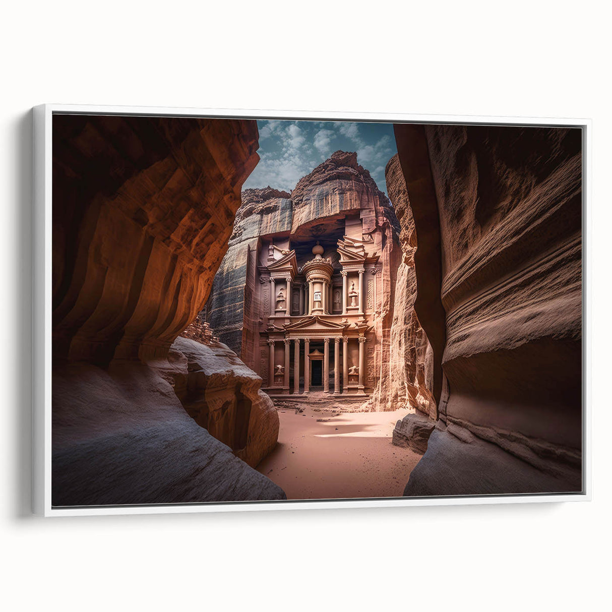 Extra large framed canvas featuring a textured, colorful Middle Eastern Jordanian landscape, ideal for living room decor.