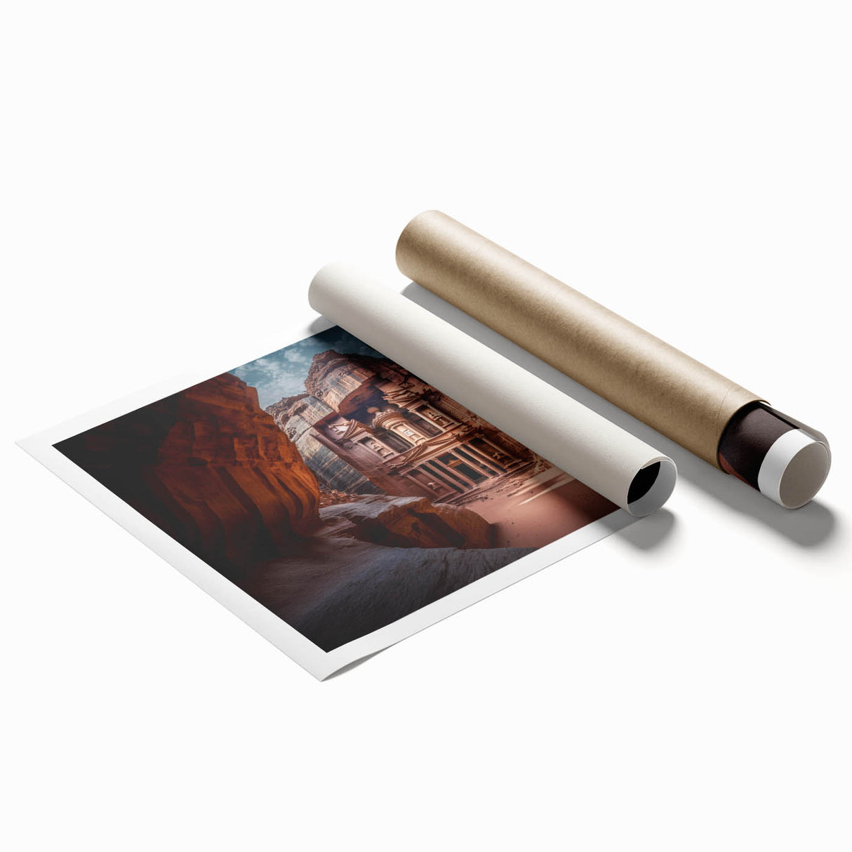 Extra large rolled print of Middle Eastern Jordan scenery with floral elements in soft hues.