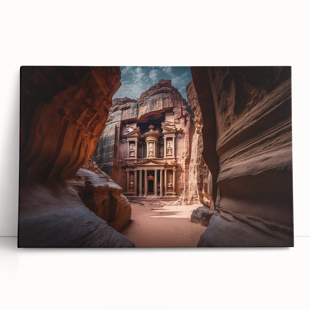 Black and white photograph of Jordanian desert scenery on large stretched canvas.