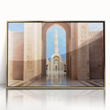 Acrylic print of a serene Middle-Eastern landscape in gold and beige tones, framed, ideal for modern art wall decor.