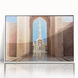 Acrylic print of an Omani landscape in muted earth tones, framed in white, suitable for modern art wall decor.