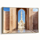 Framed canvas featuring a vintage-style landscape painting of Oman, with muted gold and black tones, ideal for bedroom decor.