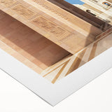 Art deco poster of a Middle Eastern Oman scenery in muted earth tones on rolled canvas, suitable for dining room wall art.