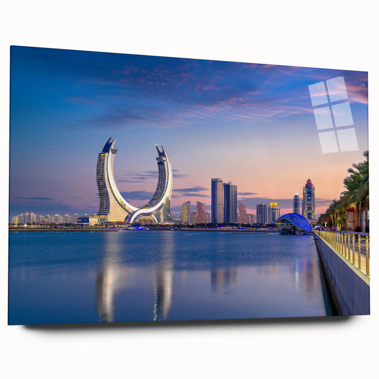 Large abstract wall art depicting Qatar scenery in muted earth tones on acrylic glass.