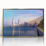 Framed acrylic print featuring a mid-century modernist Qatar scenery in gold and brown tones.