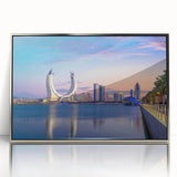 Framed acrylic print of a mid-century modernist Qatar scenery in muted earth tones, ideal for modern art wall decor.