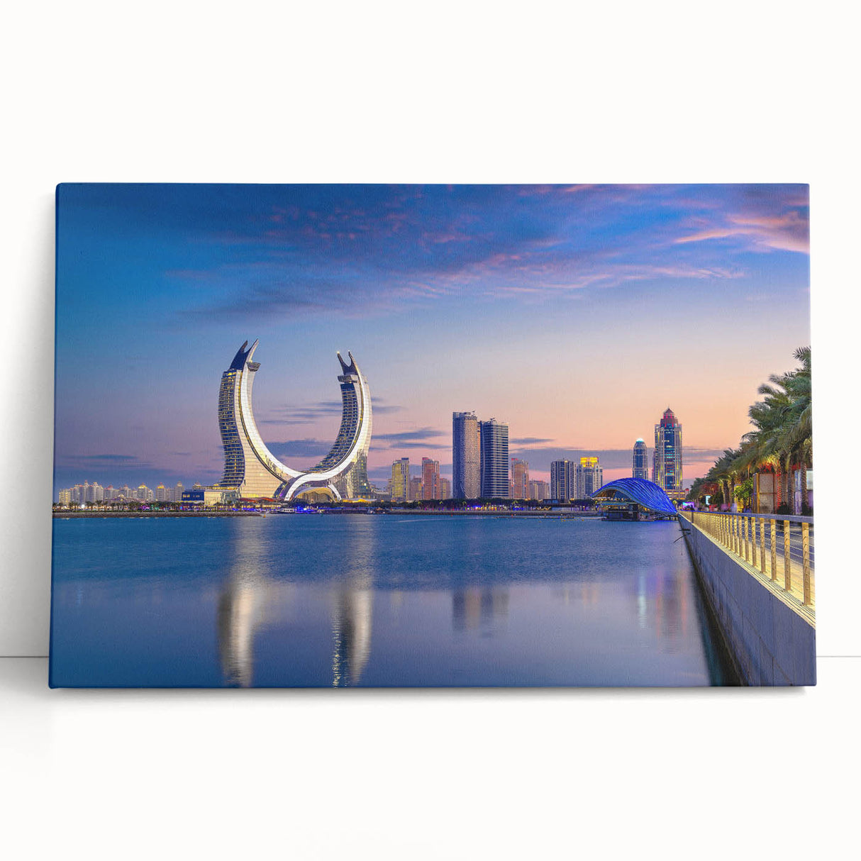 Black and white stretched canvas featuring a panoramic view of Qatar's cityscape.