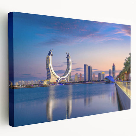 Side view of a stretched canvas featuring a Qatar scenery in earthy tones, ideal for kitchen wall art.