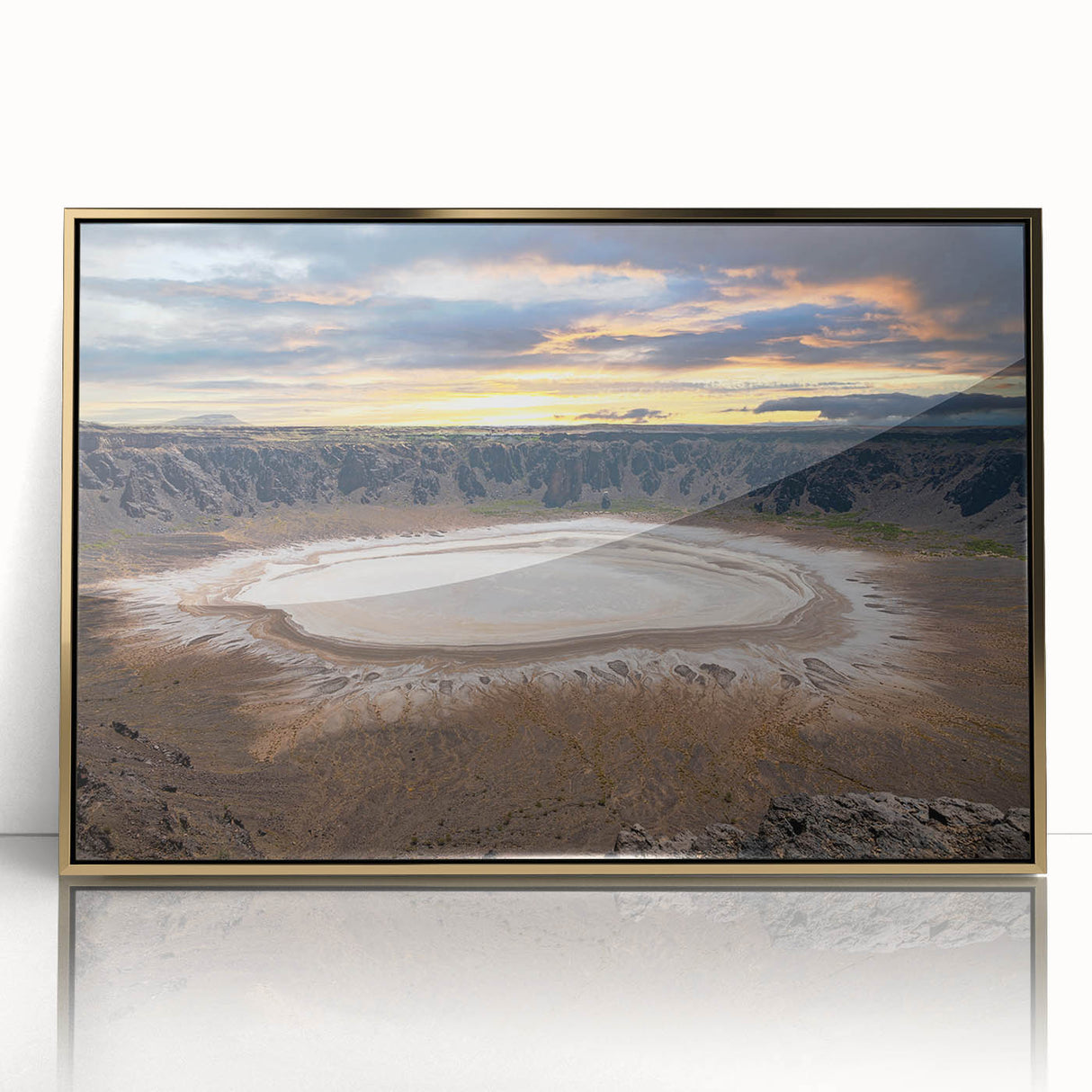 Large acrylic print of a mid-century modernist Saudi Arabia scenery in gold tones, suitable as modern art wall decor.