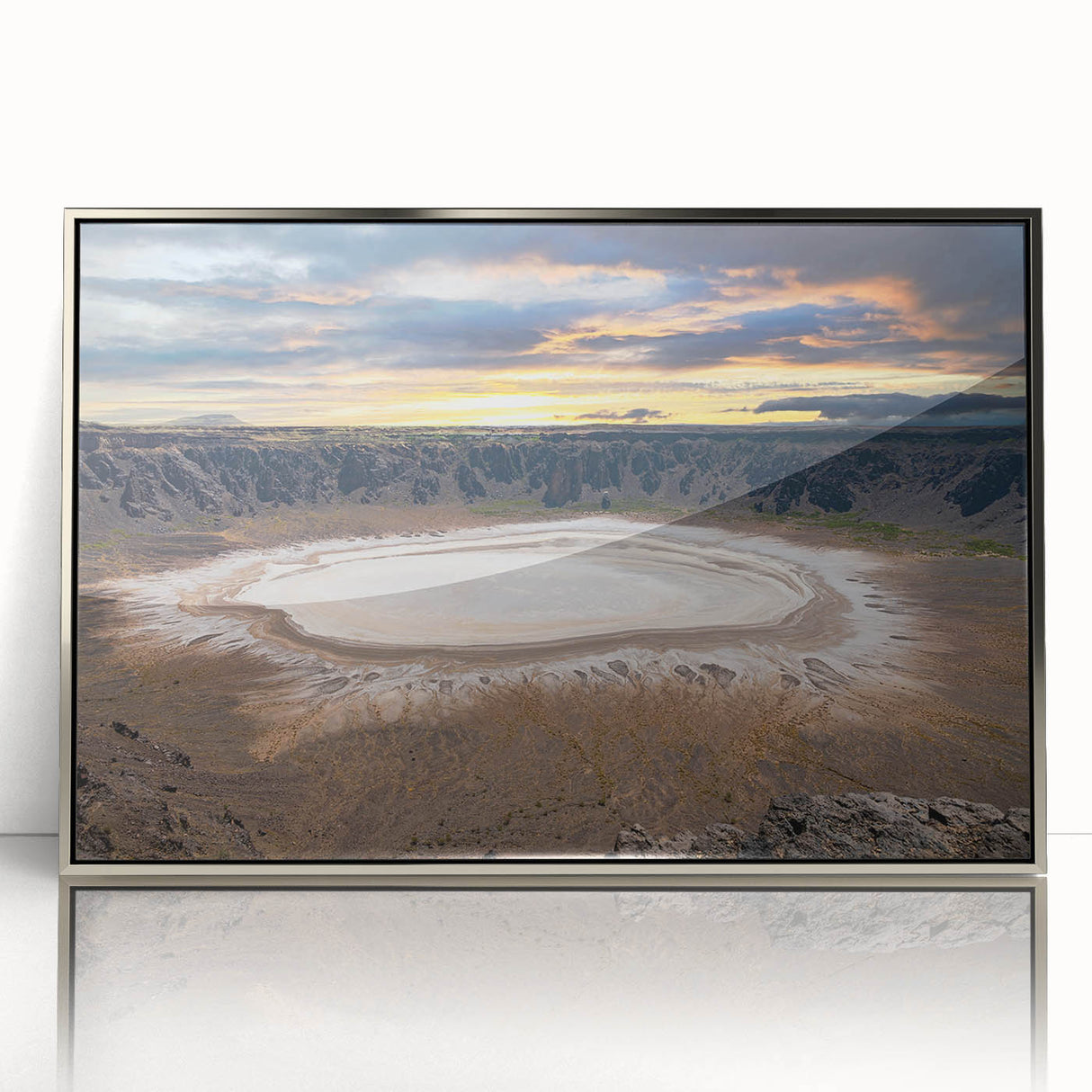 Mid-century modernist art of Saudi Arabian scenery in silver frame, acrylic print, suitable for modern art wall decor.