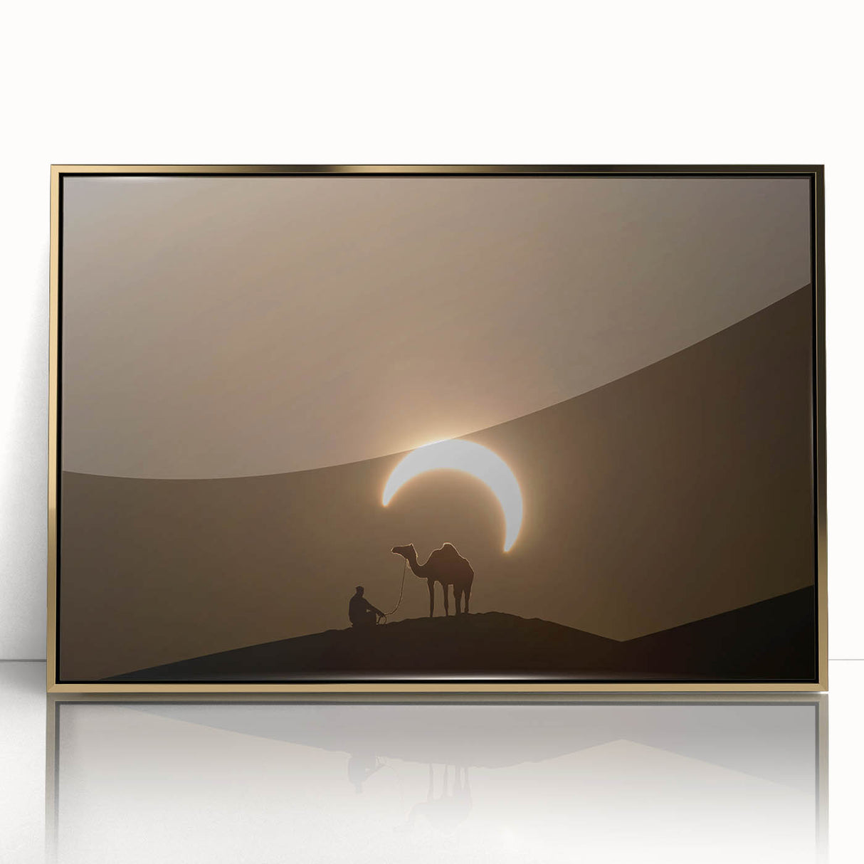 Mid-century modernist style large art print of Abu Dhabi skyline in muted gold and blue tones on framed acrylic.