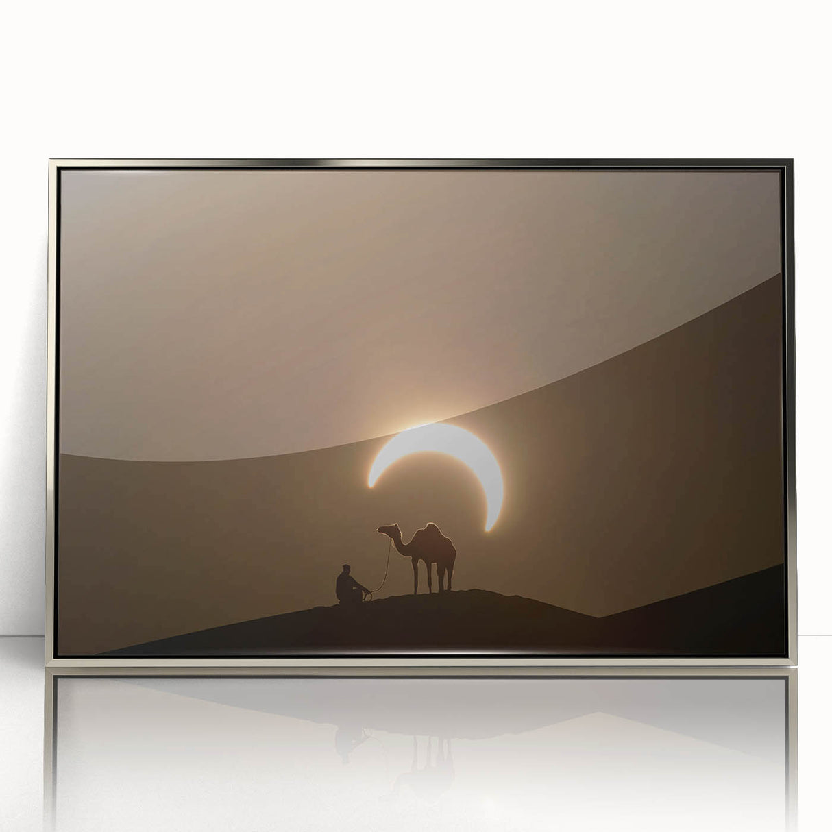 Mid-century modernist art of Abu Dhabi skyline in silver framed acrylic, with cool gray tones.