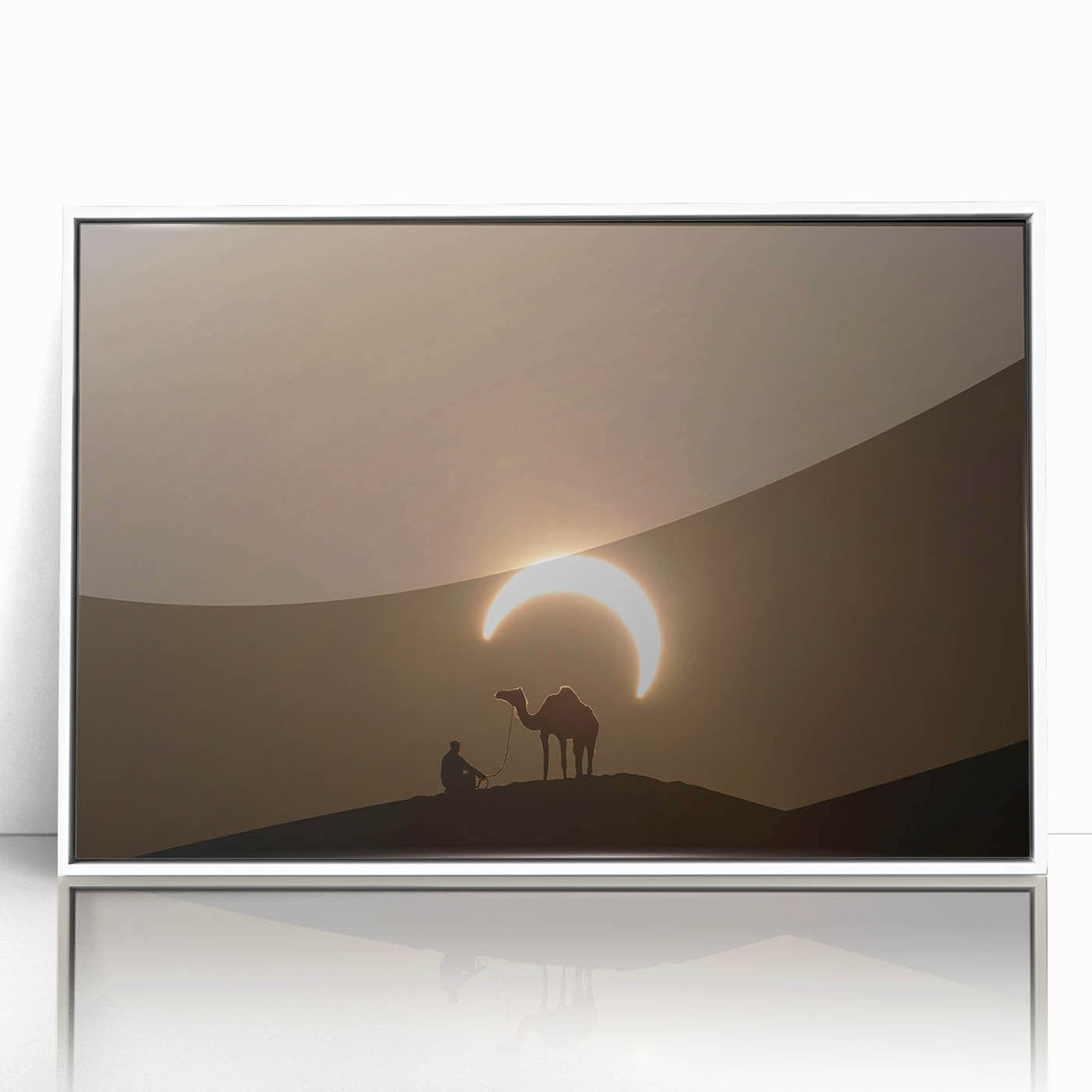 Framed acrylic print of Abu Dhabi skyline in muted gray and blue tones, ideal for modern art wall decor.