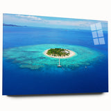 Large abstract wall art depicting a serene Oceania Fiji scenery in soft blue and green hues on acrylic glass.