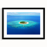 Extra large colorful abstract art print of an oceanic scene in vibrant blue and teal hues, textured on a black framed canvas.