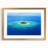 Extra large abstract art print featuring textured scenery of Oceania, Fiji in muted blue and green tones on a framed canvas.