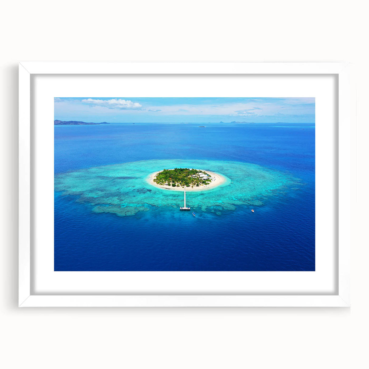Abstract art print of an oceanic Fiji scenery in muted blue and green tones, framed in white, ideal for dining room decor.