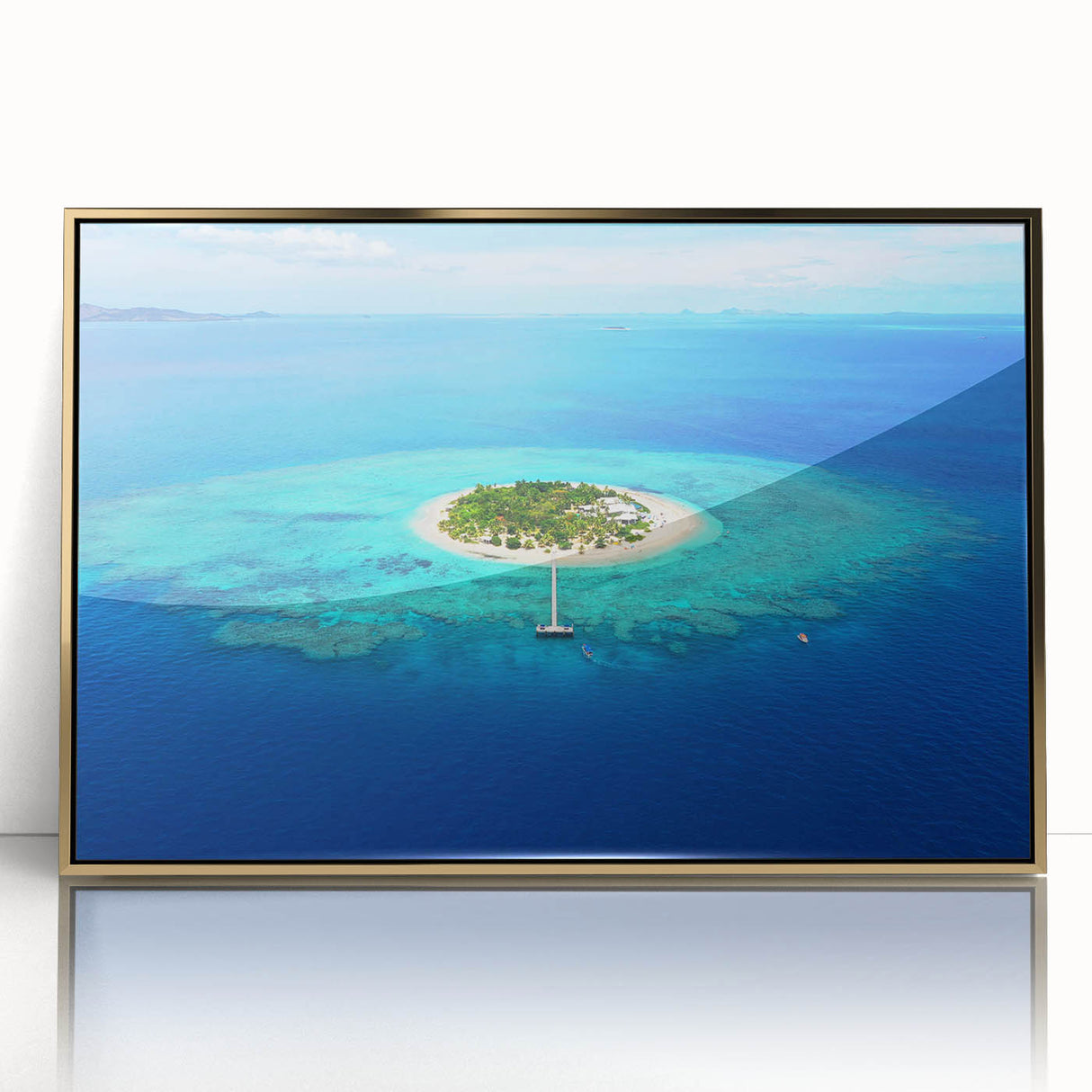 Large framed acrylic print depicting a serene Fiji beach scene in soft pastel hues, ideal for modern art wall decor.