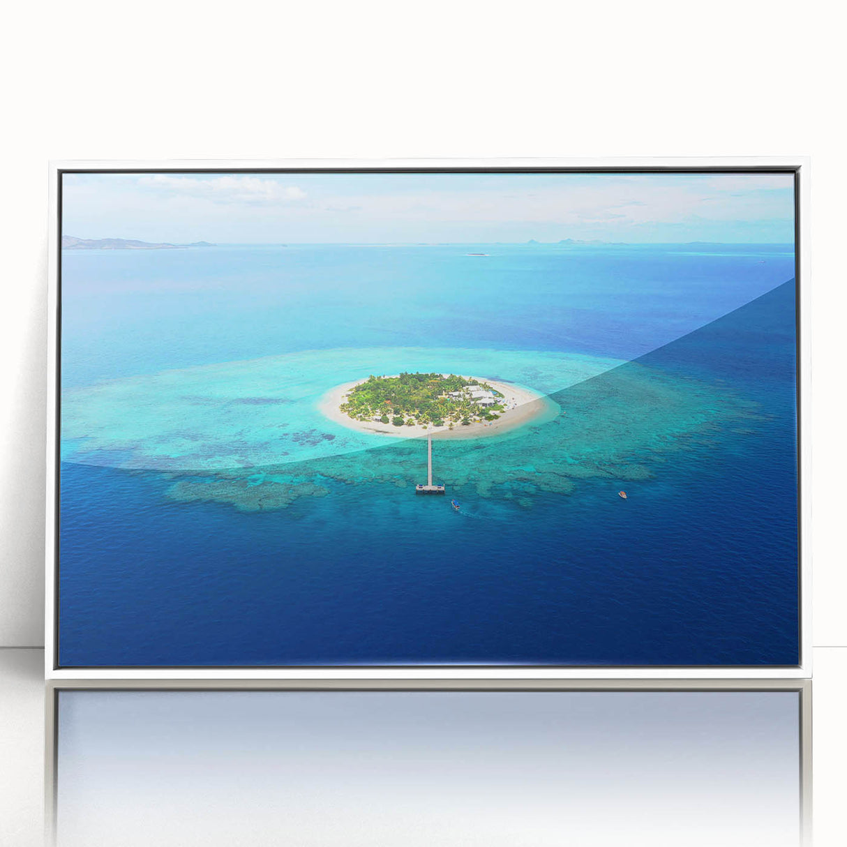 Acrylic print of a serene Fiji ocean view in pastel shades, framed in white, suitable for modern art wall decor.