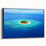Black and white landscape art of a serene Fiji scenery on a framed canvas, ideal for bedroom wall decor.