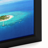 Extra large framed canvas featuring a textured, colorful depiction of Oceania's Fiji scenery, ideal for living room decor.