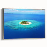 Landscape art painting of a serene Fiji scenery on framed canvas, utilizing vibrant colors and black accents.