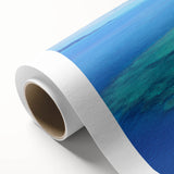 Art Deco style poster of an oceanic Fiji scenery on rolled canvas, using cool blue and green tones.