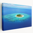 Large art depicting a serene Fiji oceanscape on stretched canvas, in soothing blue and white tones.