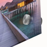 Large abstract wall art of Bora Bora's oceanic scenery in muted blue and green tones on acrylic glass.