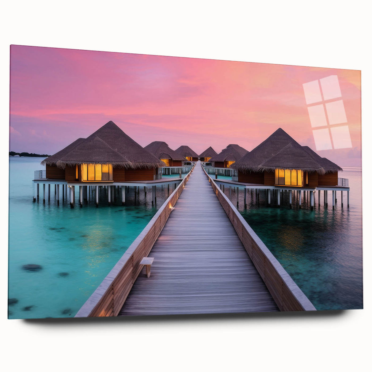 Large abstract wall art of French Polynesia's oceanic scenery in muted blue tones on acrylic glass.