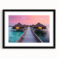 Abstract art print of French Polynesia's Bora Bora in vibrant colors on a large framed canvas, ideal for living room decor.