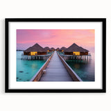 Abstract art print of French Polynesia's Bora Bora in vibrant colors on a large framed canvas, ideal for living room decor.